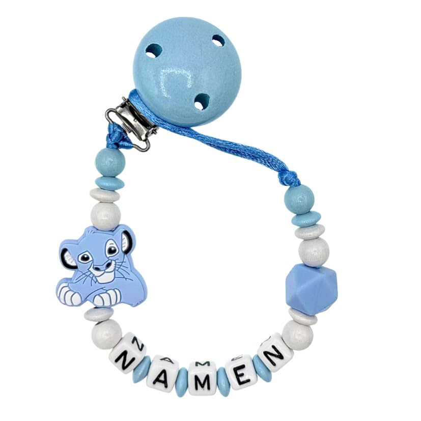 Set Nuckelkette + Kinderwagenkette mit Namen " LÖWE " Babyblau Weiß/Baby/Unisex/Personalisiert/HANDMADE