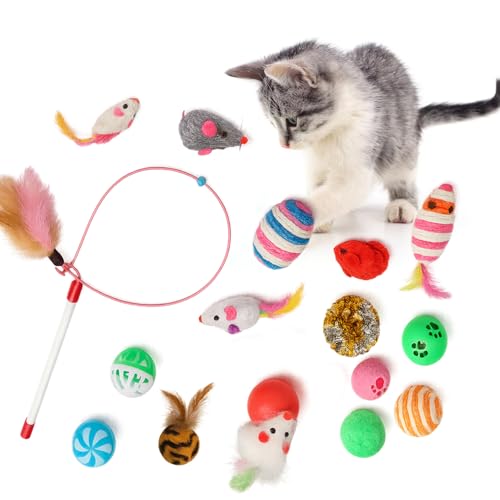 Image of 16 Pcs Cat Toy Set | Interactive Cat Play Kit with Bell Balls, Plush Mice, Teasing Wand, Knitted Balls & More | Indoor Kitten Toy for Active Play and Exercise