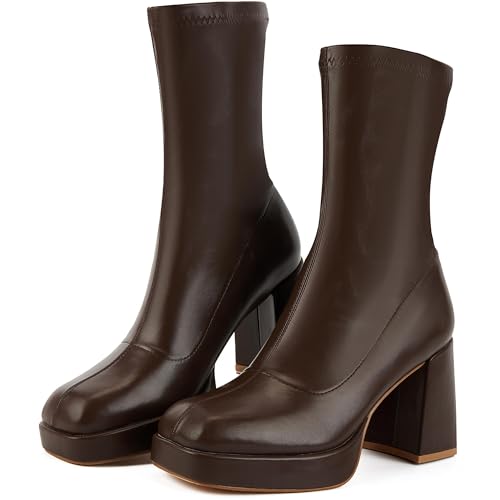 Putu Platform Boots for Women,GoGo Boots,Square Toe Chunky Heel Ankle Boots Pull on Booties
