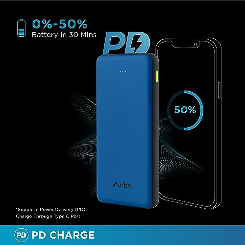 Image of URBN Power Bank 10,000mAh - Ultra Slim, 22.5W Two Way Fast Charging, Triple Output, Dual Type C PD, 12 Layers Circuit Protection, BIS Certified, 6 Months Warranty Free Type C Cable - Bright Blue