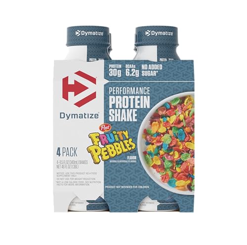 Image of Dymatize Performance Protein Shake, Fruity Pebbles, 30g Protein, 6.2g BCAA for Muscle Recovery, No Added Sugar, Low Fat, 24 Vitamins and Minerals, Gluten-Free, Ready to Drink, On-the-Go Snack, 11.5fl oz, 4 pack