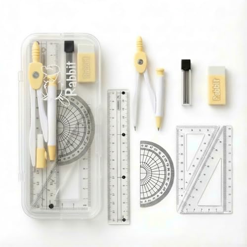 Image of FunBlast Rabbit Theme Compass Set - 7 Pcs Transparent Geometry Box with Protector, Set Squares, Ruler, Compasses, Ruler Set, Math Geometry Kit for Student & Professional (Yellow)