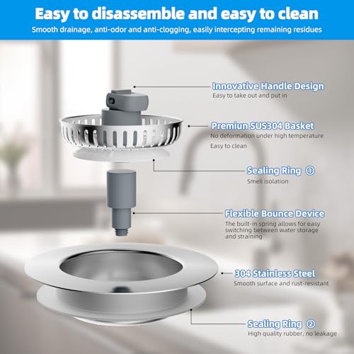 image for Hibbent 2 Pack 3 in 1 Kitchen Sink Drain Strainer, Stainless Steel Wra