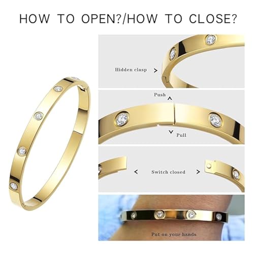 Image of Okos Gold Plated Fashion Jewellery Stainless Steel Anti Tarnish Cuff Band Style Bangle Bracelet with White CZ Stones For Girls and Women CO0025