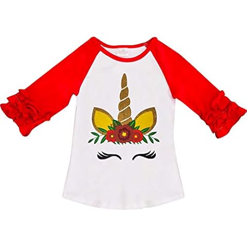 Smocking Bee Toddler Girls Christmas or Valentine Glittery Unicorn Ruffles Raglan T-Shirt White Red 5/XL Cover