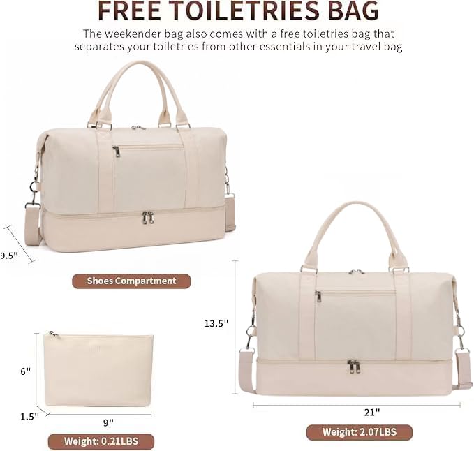 Image of Oeihuivt Weekender Bags for Women - 21 Inch Large Travel Duffel Bag with Shoe Compartment, Heavy-Duty Canvas Leather Carry On Overnight Tote, Beige-1, 21, Weekend Trip