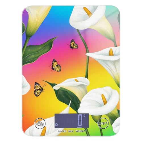 Báscula digital de cocina digital de 11 libras/5 g, con pantalla LCD de lirio de cala, flor, arco iris, con 4 unidades para especias y jabón (pilas no incluidas)