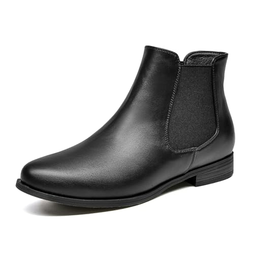 VJH confort Women's Slip on Ankle Boot, Western Almond Round Toe Low Heel Elastic Chelsea Bootie (black smooth,7.5)