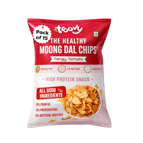 Image of Troovy Healthy Tangy Tomato Moong Dal Chips | Tasty & High Protein Snacks | 30% Of Protein Needs | No Palm Oil, Cholesterol or Trans Fats | 70g (Pack of 15)