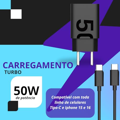 Cabo USB Tipo C + Fonte Carregador Super Turbo 50W - Cabo USB Tipo C de 1m Compatível com Celulares