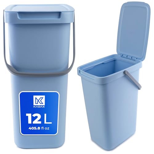 KADAX Abfallbehälter mit Deckel und Griff, Abfalleimer aus Plastik, Mülleimer für die Mülltrennung, Rechteckiger Abfallsammler mit Klappdeckel (Blau, 12L)