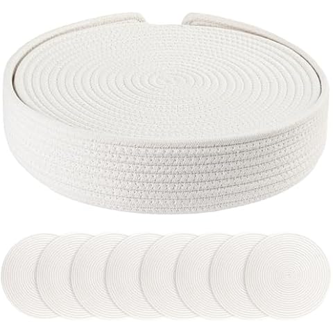 Round Woven Placemats Set of 8 with Holder Heat Resistant Placemats 13.5 Inches Farmhouse Cotton Rope Place Mats for Dining Tables Trivets for Hot Dishes, Beige Cover