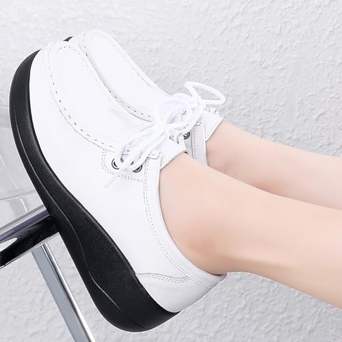 Image of Women's Leather Lace up Slip On Platform Loafers,Comfortable Arch Support Round Toe Wedge Moccasins Non-Slip Increase Height Nurse Work Shoes