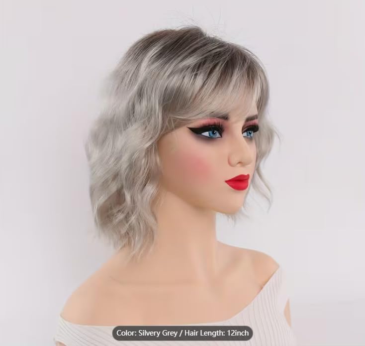 Image of Silvery Gray 12 Inch Medium Length Bob Short Layered Synthetic Wig | Women's Natural Straight Suitable For Daily Life Halloween