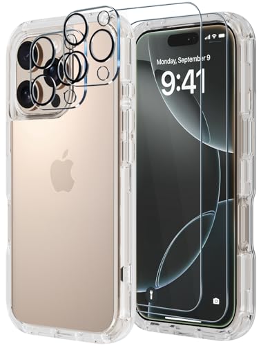 Image of Diverbox for iPhone 16 Pro Case [Shockproof] [Dropproof] [Tempered Glass Screen Protector + Camera Protectors] Heavy Duty Protection Phone Case Cover for Apple iPhone 16 Pro (Clear)