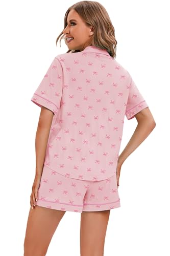 Image of LUBOT 100% Cotton Pajamas for Women 2 Piece PJ Set Button-Down Soft Knit Short Sleeve Summer Sleepwear Loungewear XS-XXL