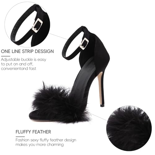 YIBLBOX Women's Feather Heels Open Toe Sandal Fluffy Fur High Heel Shoes Ankle Strap Stiletto Pump for Wedding Party Dance Evening2
