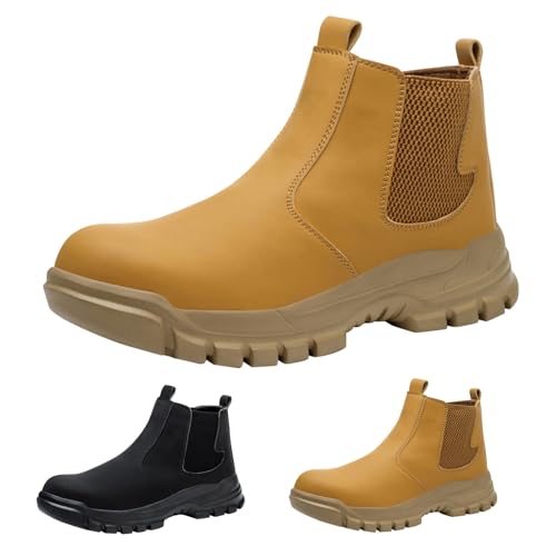 Herren Winterstiefel Mit Stahlkappe, Stiefeletten Zum Schutz Vor Quetschungen, Rutschfeste SchnüRstiefeletten Boots, Zum HineinschlüPfen, Wasserdichte Leder-Arbeitsstiefel,Outdoor Freizeitstiefel