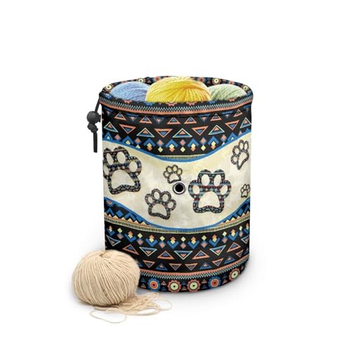 Image of Sellikakes Yarn Bag, Aztec Dog Paw Knitting Crochet Bag Yarn Storage Bag, Portable Yarn Holder for Crocheting Project Knitting Needles Sewing Accessories