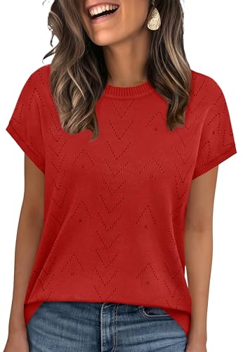Aokosor T Shirts for Womens Short Sleeve Jumpers Crew Neck T Shirts 2026 Trendy Ladies Summer Tops Red Size 22-24 XXL