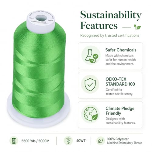 Image of Simthread 5500Yds Embroidery Thread, 5000M High-Yardage 40WT 100% Polyester Thread - 170+ Vivid Colors, High-Speed Rated - Compatible with Brother, Singer, Janome & More - Christmas Green S039 | 5000M 40WT polyester thread feeds smoothly for home or commercial embroidery projects.