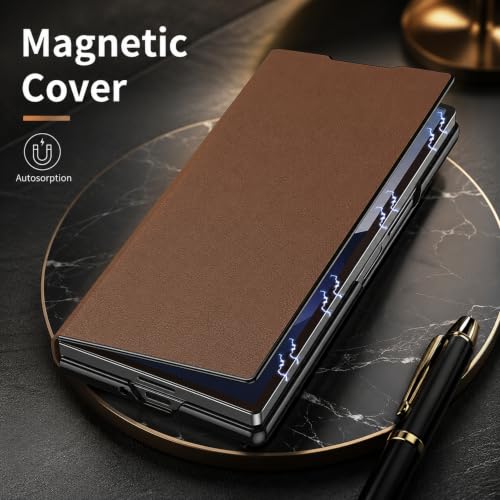 Image of TechTrendz for Samsung Galaxy Z Fold 8 Ultra Magnetic Flip Folding Case, Multi-Angle Bracket, Full Body Hinge Protective Slim Cover, Luxury Business Leather Cover for Fold 8 Ultra Back Cover (Brown)