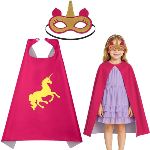 GWAWG Kostüm Einhorn Mädchen, Superhelden-Umhang für Mädchen, Umhang und Maske von Superhelden, Superhelden-Kostüme für Weihnachten, Halloween, Karneval (Pink)