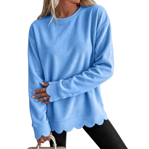 Womens Crew Necks Sweatshirts Fall Corduroy Scalloped Tunic Sweatshirts