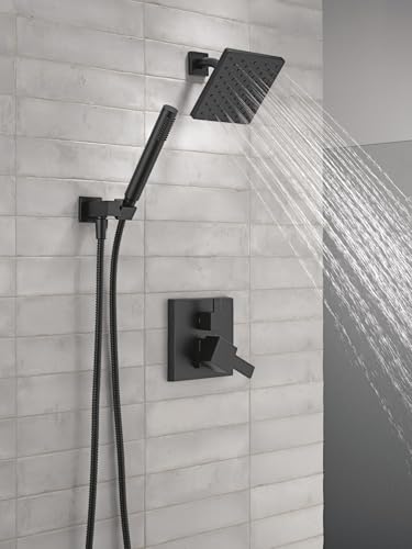 Image of Delta Modern Square Shower System Faucet Set, Matte Black 6.5-inch Shower Head and Handle Set, Valve Trim Kit, Matte Black T342703-BL (Valve Not Included)