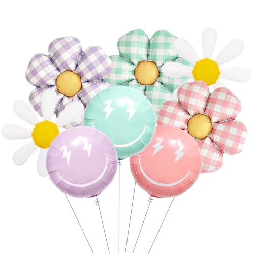 8Pcs Colorful Lightning Smile Face Balloons Set 23in Retro Smiley Balloons & 29in Checkered Daisy Balloons Preppy Y2K Party Decorations Spring Birthday Decor for Teen Girls