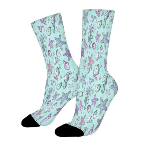 SNRLZUY Seahorse Starfish Shell Pattern Crew Socks