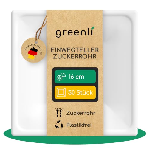 greenli Einwegteller aus Zuckerrohr 16 x 16 cm 50 Stück Plastikfrei In 3 Größen erhältlich (16 x 16 20 x 20 26 x 26 cm) Die stabile Alternative zu Papptellern