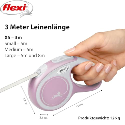 flexi® Comfort XS Gurt 3 m rosa, Roll-Leine für kleine Hunde bis 12 kg. Nur 126 gr. leichte Taschenleine im Miniformat 8,2 x 13 cm, Griffgröße für 3-Finger