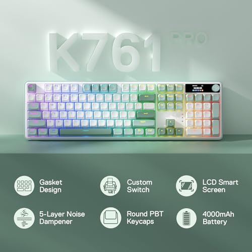 Image of Redragon K761 Wireless Gasket Gaming Keyboard w /Hype Screen & Knob, 104 Keys Mechanical Keyboard, Easy-Control 1.26'' TFT Info Display, 5-Layer Noise Dampening, Custom Linear Switch, Jade Cloud Color