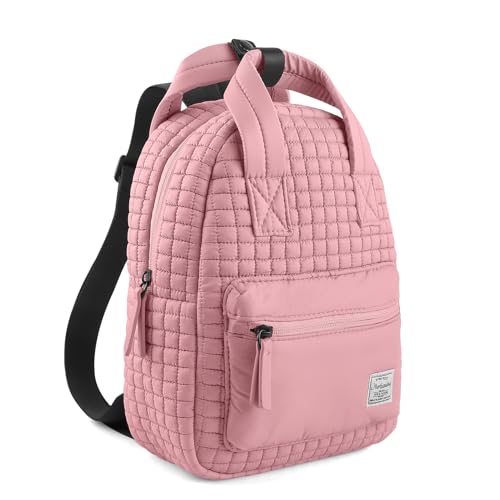 Image of Mini Quilted Puffer Backpack for Women,Lightweight Puffy Bookbag,Small Casual Daypack for Ladies,Pink