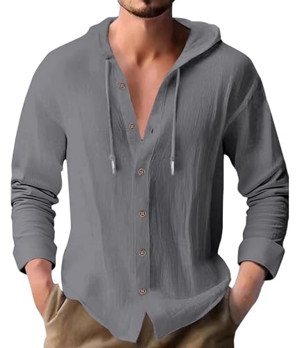 PRIVIMIX Camisa de lino para hombre, manga larga, algodón, manga larga, con capucha, sudadera con capucha, camiseta de ocio, camiseta con capucha para hombre, M-3XL, gris, L