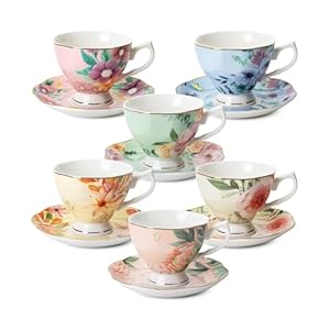 BTaT- Tea Cups and Saucers Set of 6, Tea Set, Floral Tea Cups (8oz), Porcelain Tea Cups for Tea Party, Rose Teacups, China Tea Cups, Tea Cup and Saucer Set, Porcelain Tea Set, (Bone China)
