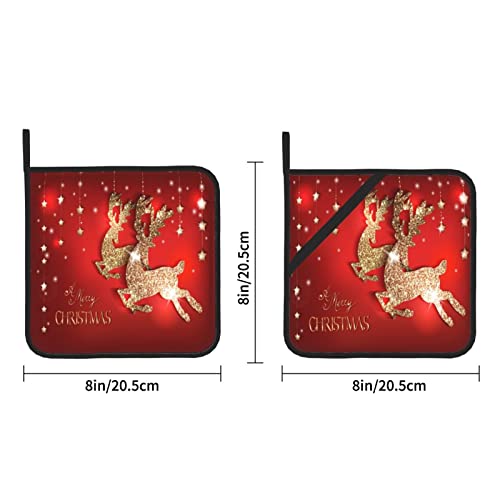 Merry Christmas Golden Reindeer Red Xmas Pot Holders Sets 2-Piece Set Washable Decorative Kitchen Gift For Cooking Baking Bbq #TOP2