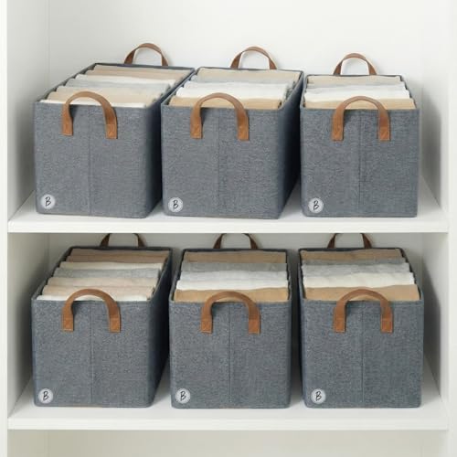 Image of Btag Pack of 6 Storage Baskets (46L x 27W x 19H CM) Non-Woven Foldable Wardrobe Organizer with Metal Frame Rectangle, Storage Box with Handles for Clothes, Books, Toys, Blankets & Closet Use.