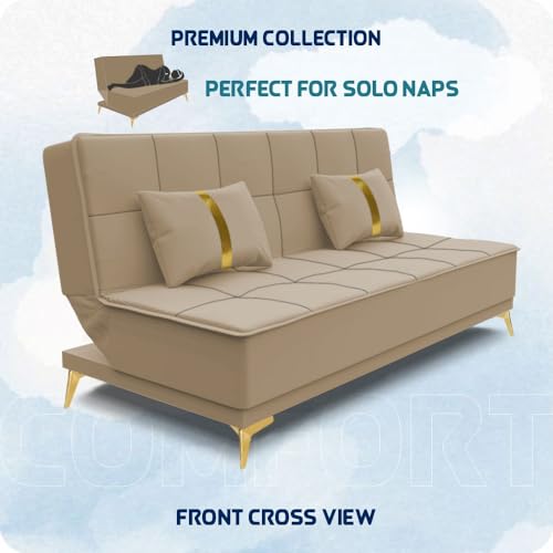Image of Adorn India Premium New Alyssum 3 Seater Sofa Cum Bed 4X6 Velvet Suede with 2 Cushions (Color Beige) and Suitable for All Indoor, with 3 Years Warranty