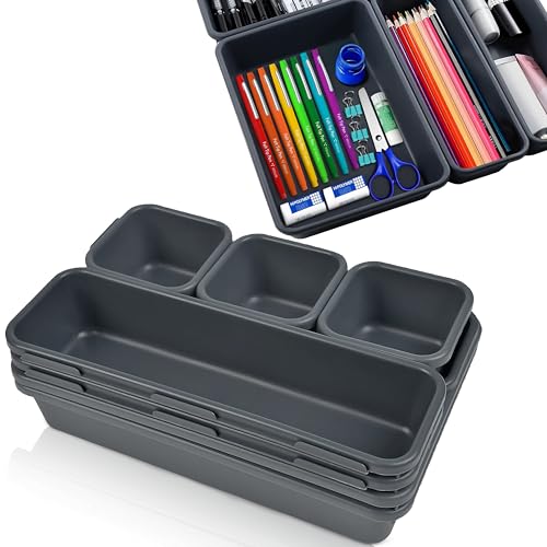Schubladen Organizer Set 8-teilig – Büro Organizer für Schreibtisch Schublade – Ordnungssystem mit 3 Größen – Flexible Schubladentrenner & Aufbewahrungsboxen für Büro & Homeoffice - Anthrazit