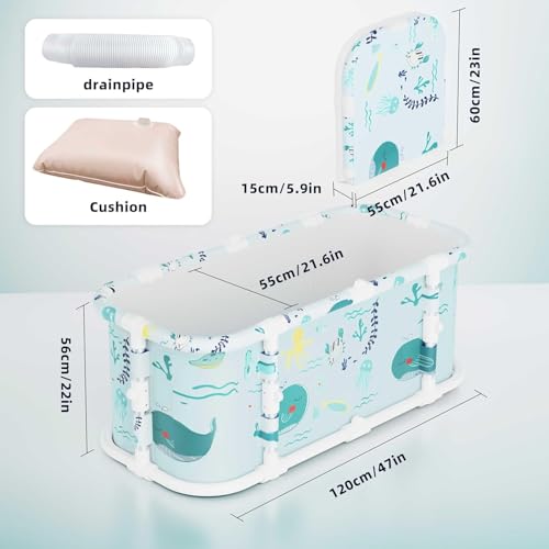 Portable Bathtub, 47“ Foldable Bathtub-Installation Free, 7 Layers Thicken Bathtub with Metal Support, Therapy Tub for Shower Stall Fold Up Soaking Bath Tub, Hot SPA, Ice Bath Tub (Wonder Ocean D1)