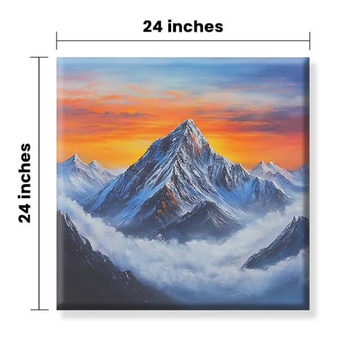 Image of Exsha Majestic Snow-Capped Mount Everest Peak at Sunset Canvas Wall Painting|Vibrant Himalayas Square Art Print for Living Room, Bedroom, Office Decor|Nature Painting for Wall Decoration|20x20 Inch