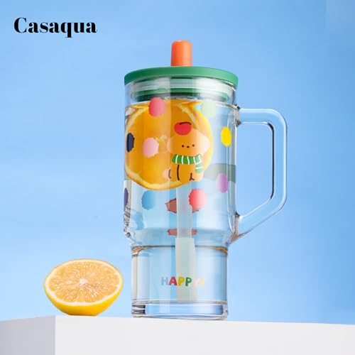 Image of Cute Dog Print Glass Tumbler with Handle, Lid & Straw - 620ml, Set of 1, Glass Sipper Cup for Kids & Adults, Drinking Mug for Water, Juice, Milk, Iced Coffee, Tea, Travel Cup (Random Color)