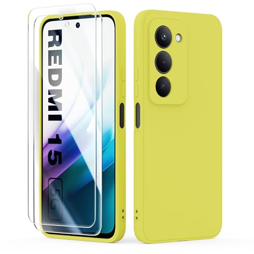 binandteam Funda para Xiaomi Redmi 15 4G con 2 Protector de Pantalla,Ultra Slim Protectora Carcasa de Silicona Líquida TPU Anti-Choque Suave Case Cover - Amarillo