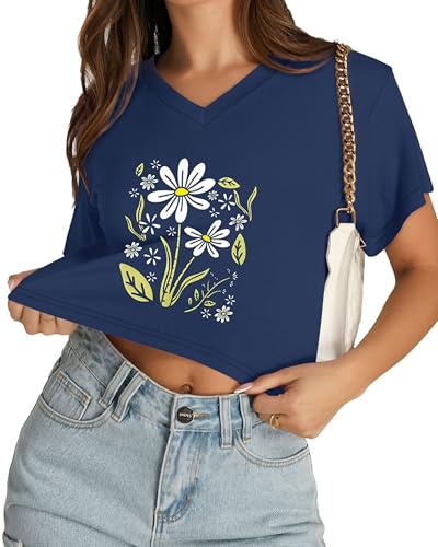 Image of Womens Crop Tops Short Sleeve V Neck Summer Cropped T Shirts Baisc Tees