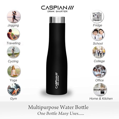 Image of CASPIAN / / / Aqua Stainless Steel Water Bottle (Black, 1 Litre)| Leak Proof Thunder for Fridge Home Office Travel School Kids Boys Girls Adults Sports Gym Yoga
