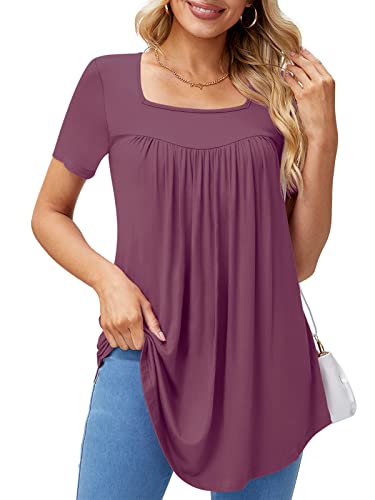 Xpenyo Casual Square Neck Tunic Tops For Women Short Sleeve Tshirts And Blouses Mauve L #TOP16