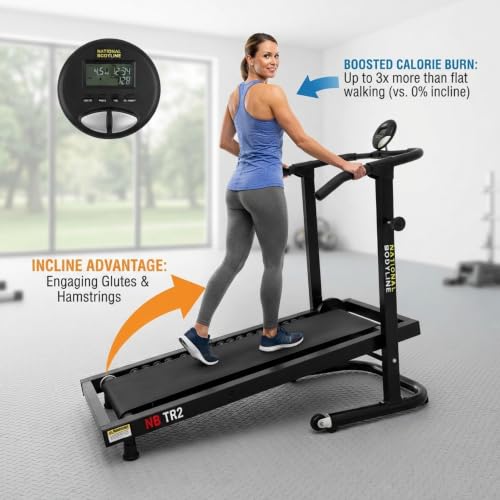 Image of National Bodyline TR02 Manual Treadmill for Home Non-Electric Foldable Walking & Jogging Machine 48 x 13 Inch Running Surface Heavy Duty Steel Frame LCD Display Black