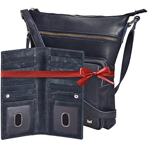 Wise Owl Accessories Real Leather Crossbody Handbag & Purse for Women Bundled with RFID Blocking Long Bifold Card Case Wallet (Navy set of 2) Cover